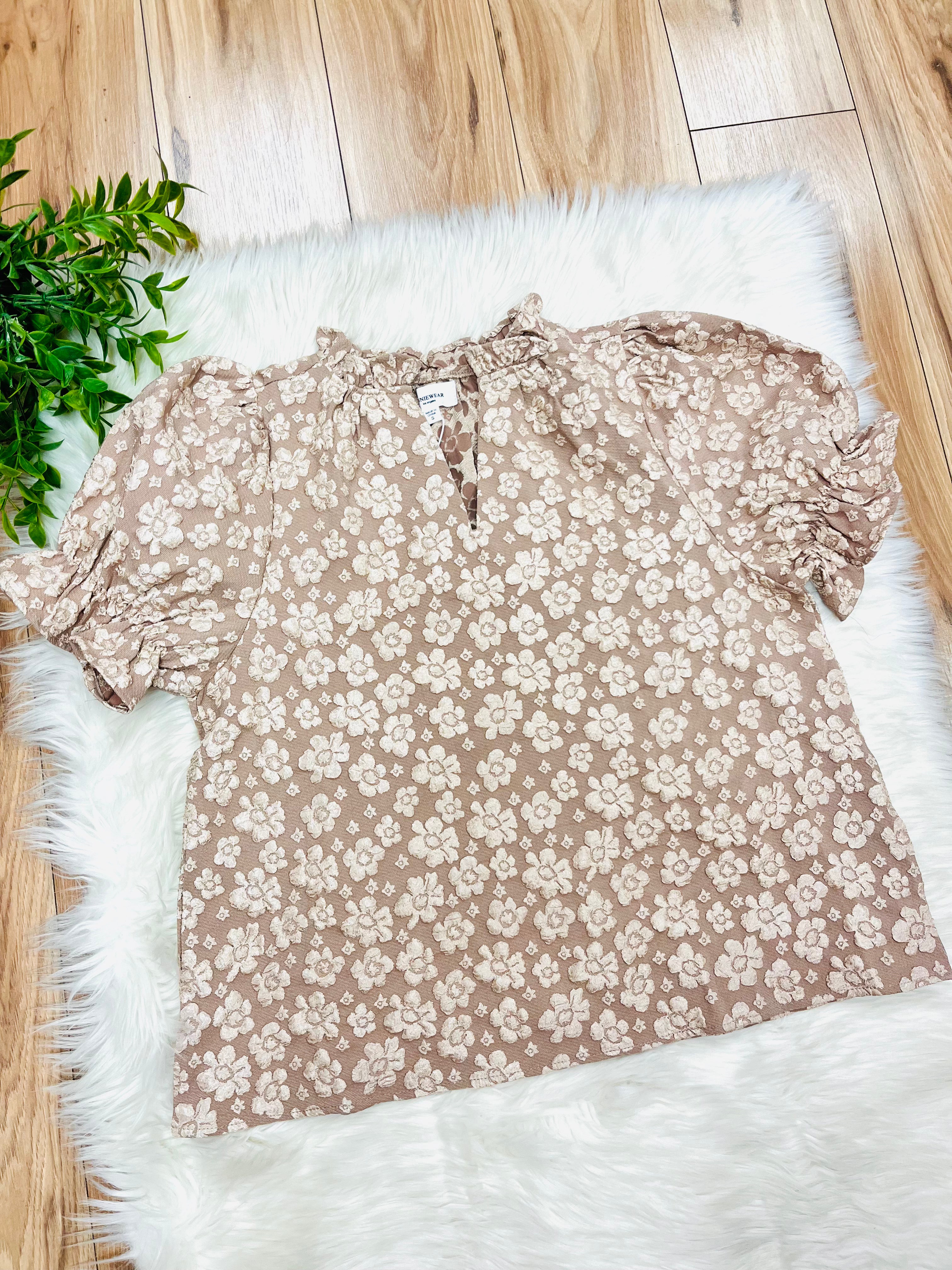 Women’s Anniewear Taupe Floral Satin Ruffle Detail Top- True to Size