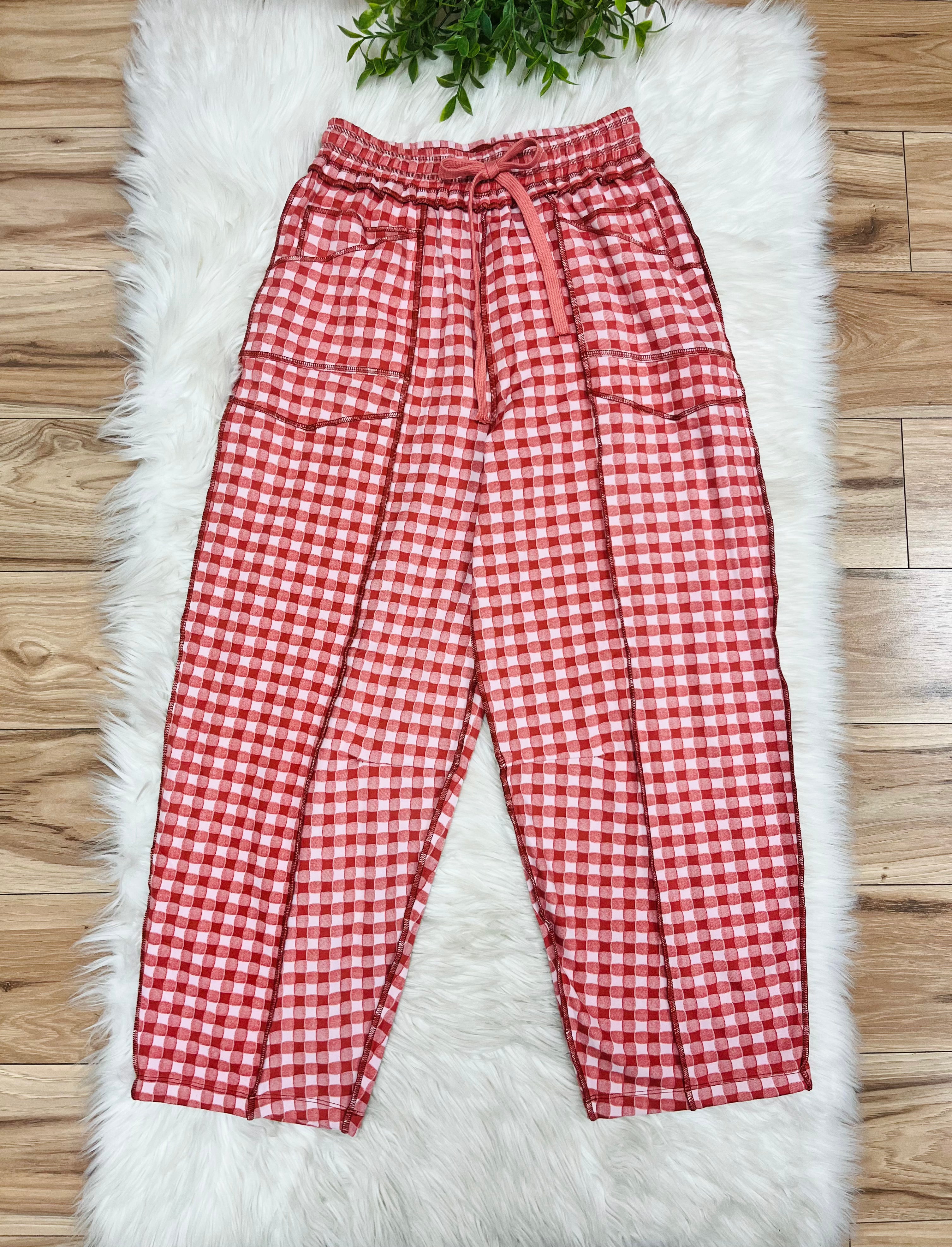 Women’s Anniewear Rust Red & Pink Check Barrel Knit Pants- True to Size