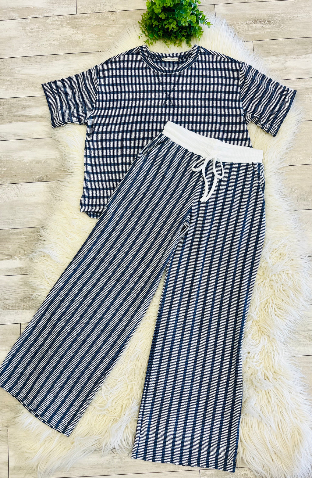 Women’s Zenana Navy Ribbed Drop - Shoulder Two Piece Set