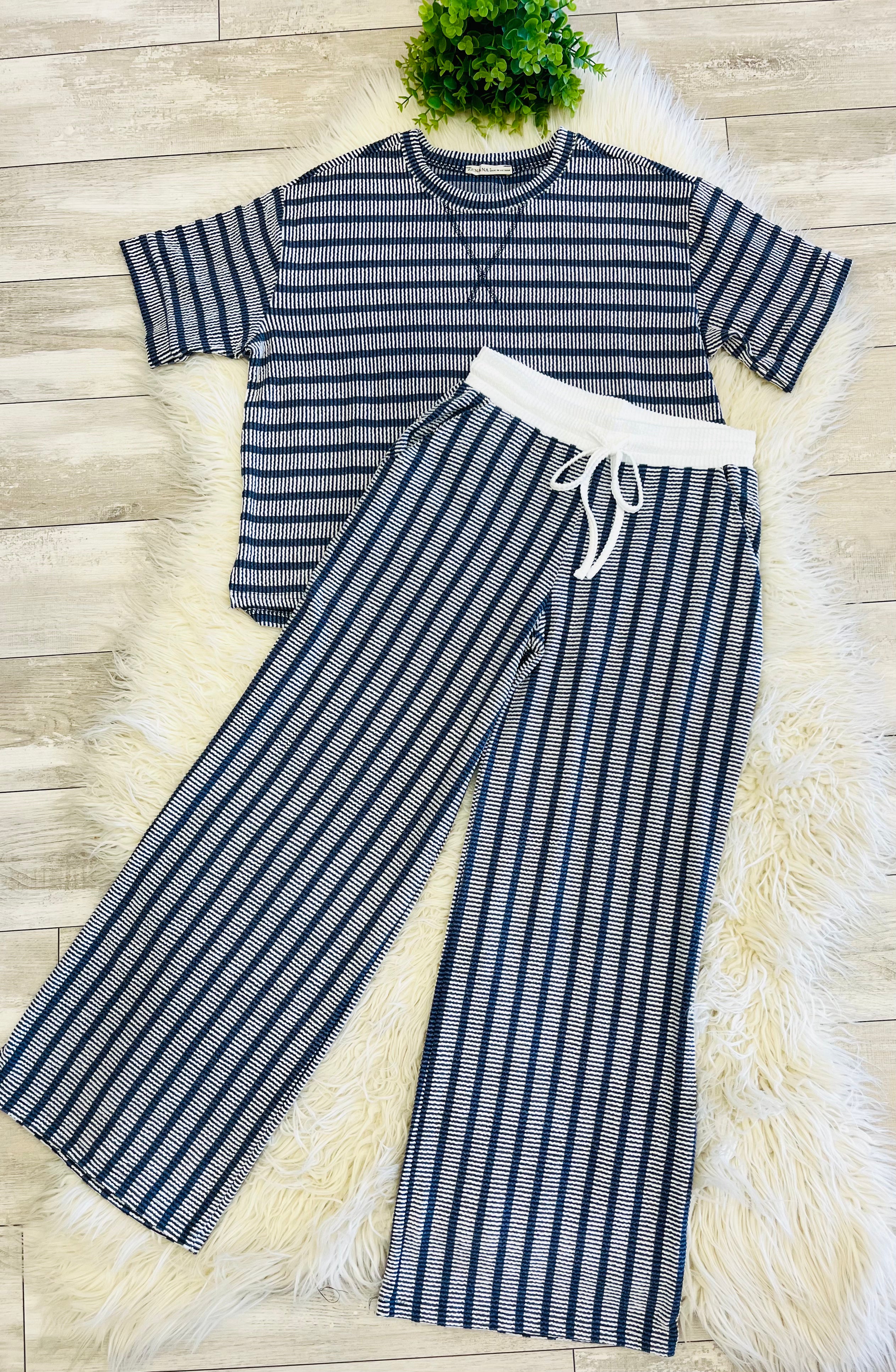 Women’s Zenana Navy Ribbed Drop - Shoulder Two Piece Set