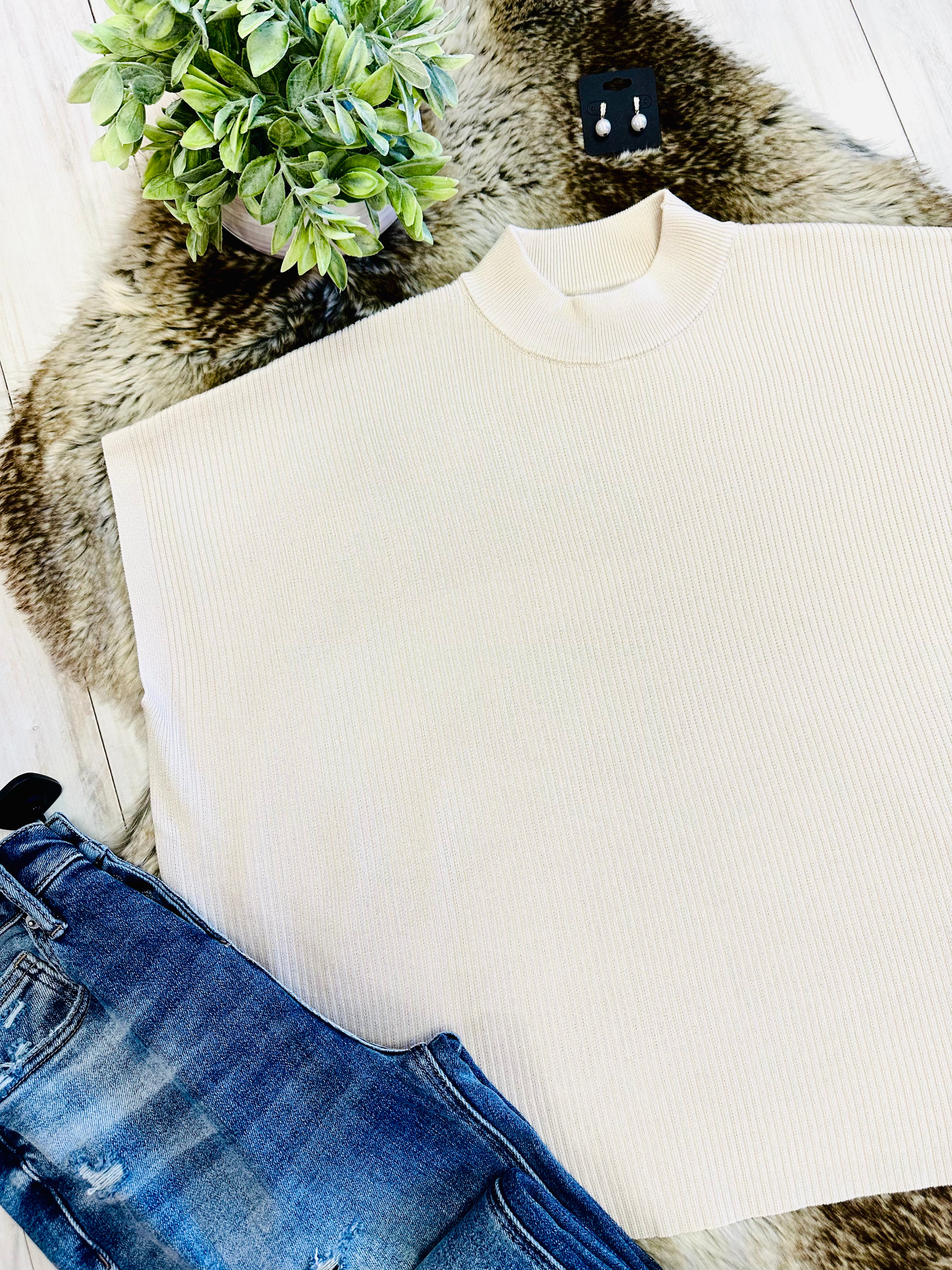 Women’s Sand Beige Mock Neck Top oversized