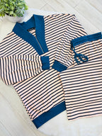 Women’s Curvy Evermmee Light Pink & Blue Quarter Zip Stripe Pant Set- Loose Fit