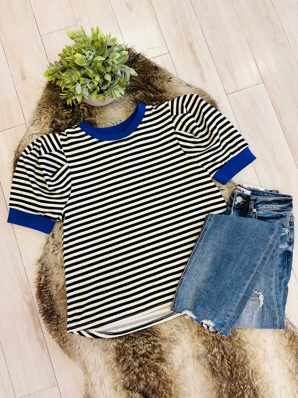 Women’s Umgee Black Striped Puff Sleeve Top with Blue Trim- True to Size