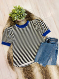 Women’s Umgee Black Striped Puff Sleeve Top with Blue Trim- True to Size