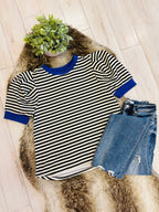 Women’s Umgee Black Striped Puff Sleeve Top with Blue Trim- True to Size