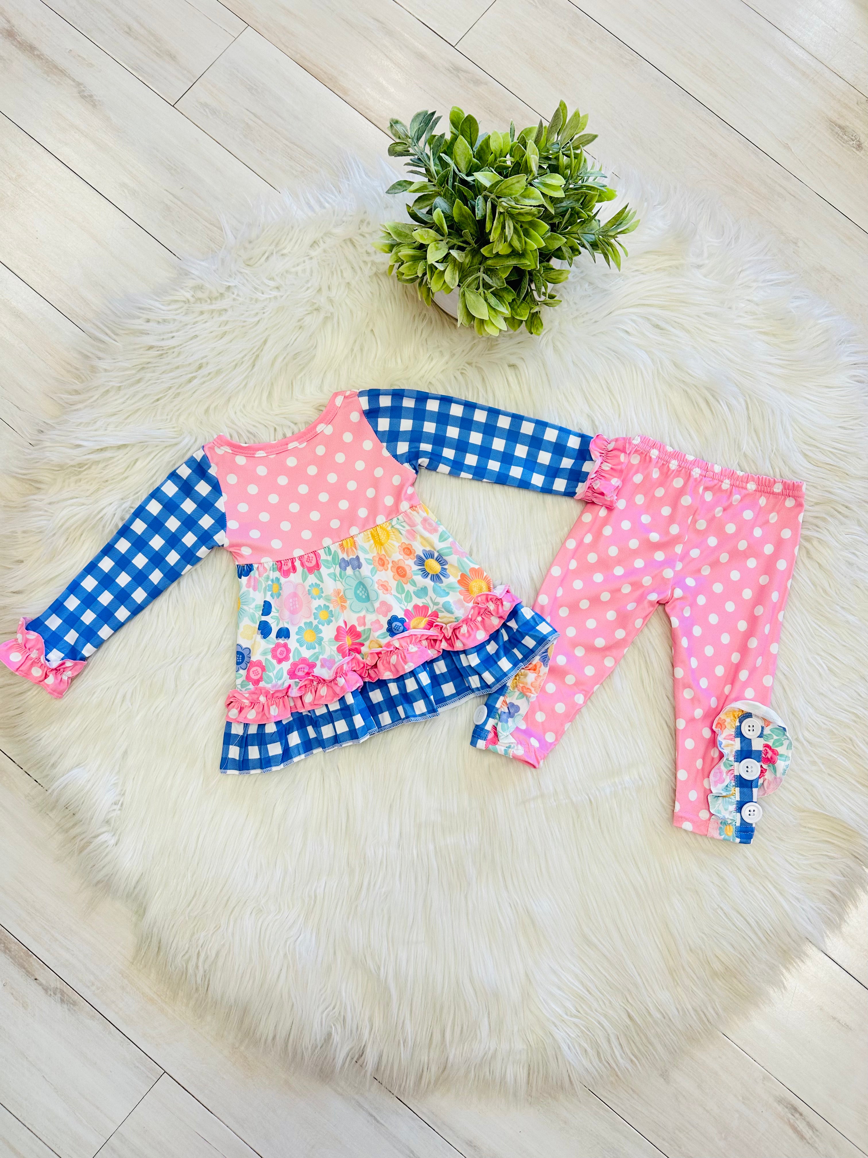 Girl’s Pink and Blue Mixed Print Outfit Set