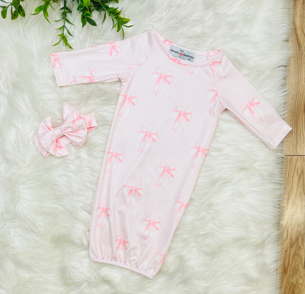 Girl’s Pink Stripe and Bow Baby Gown With Headband