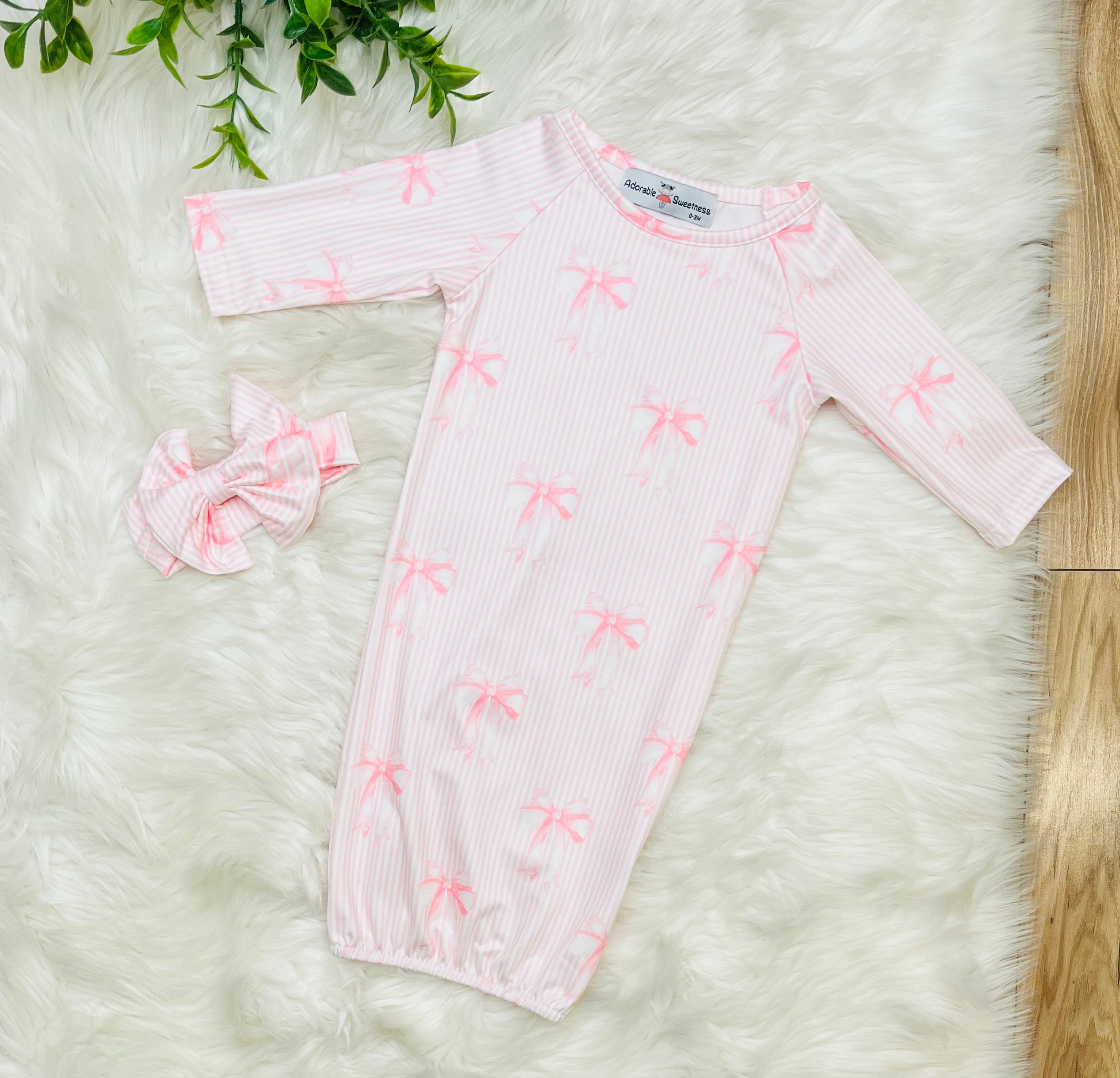 Girl’s Pink Stripe and Bow Baby Gown With Headband