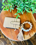Wristlet ID Badge Zipper Pouch Keychain Beige