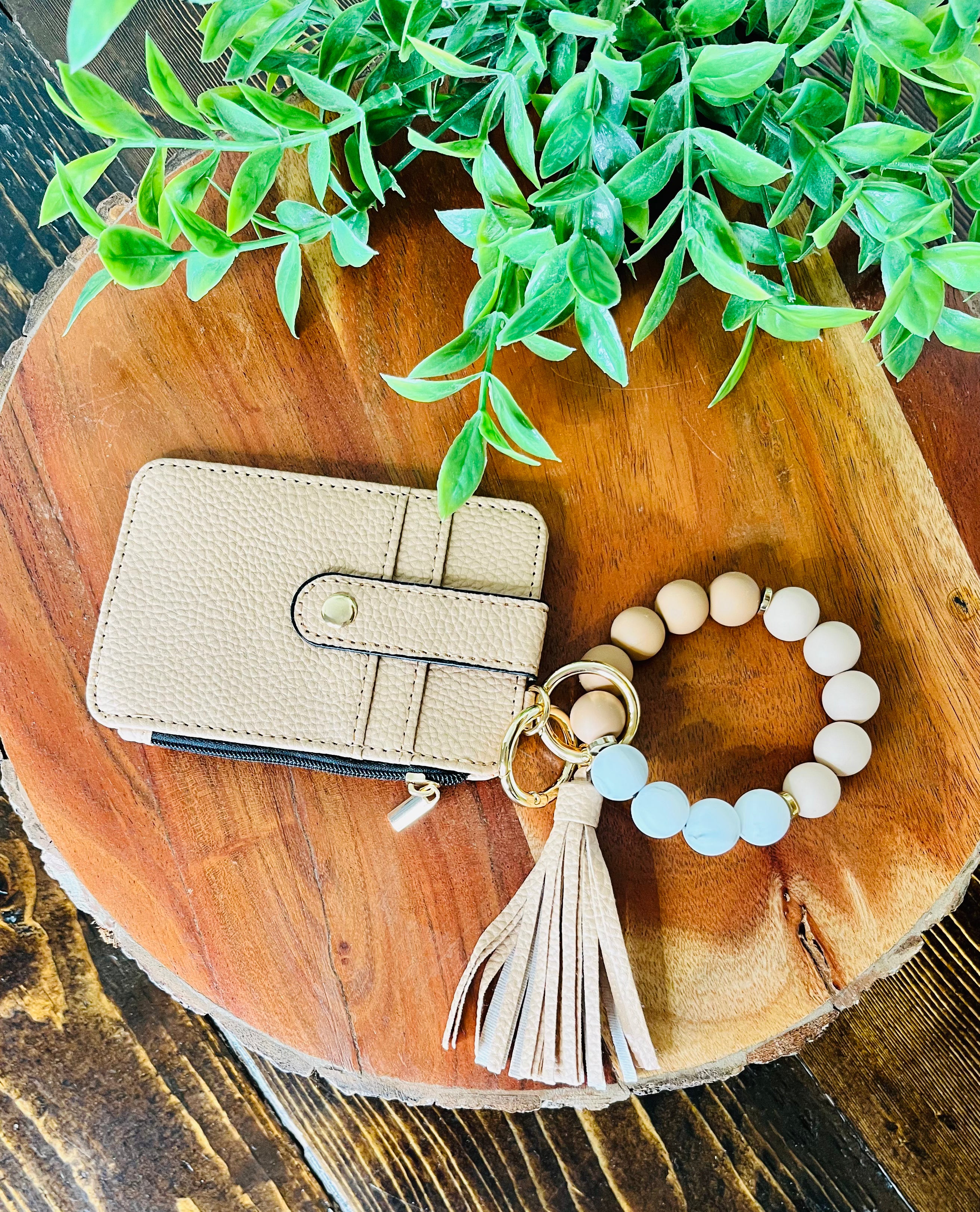 Wristlet ID Badge Zipper Pouch Keychain Beige