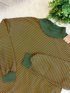 Women’s Evermmee Green & Orange Striped Mock Neck Cotton Top - True to Size with Oversized Look