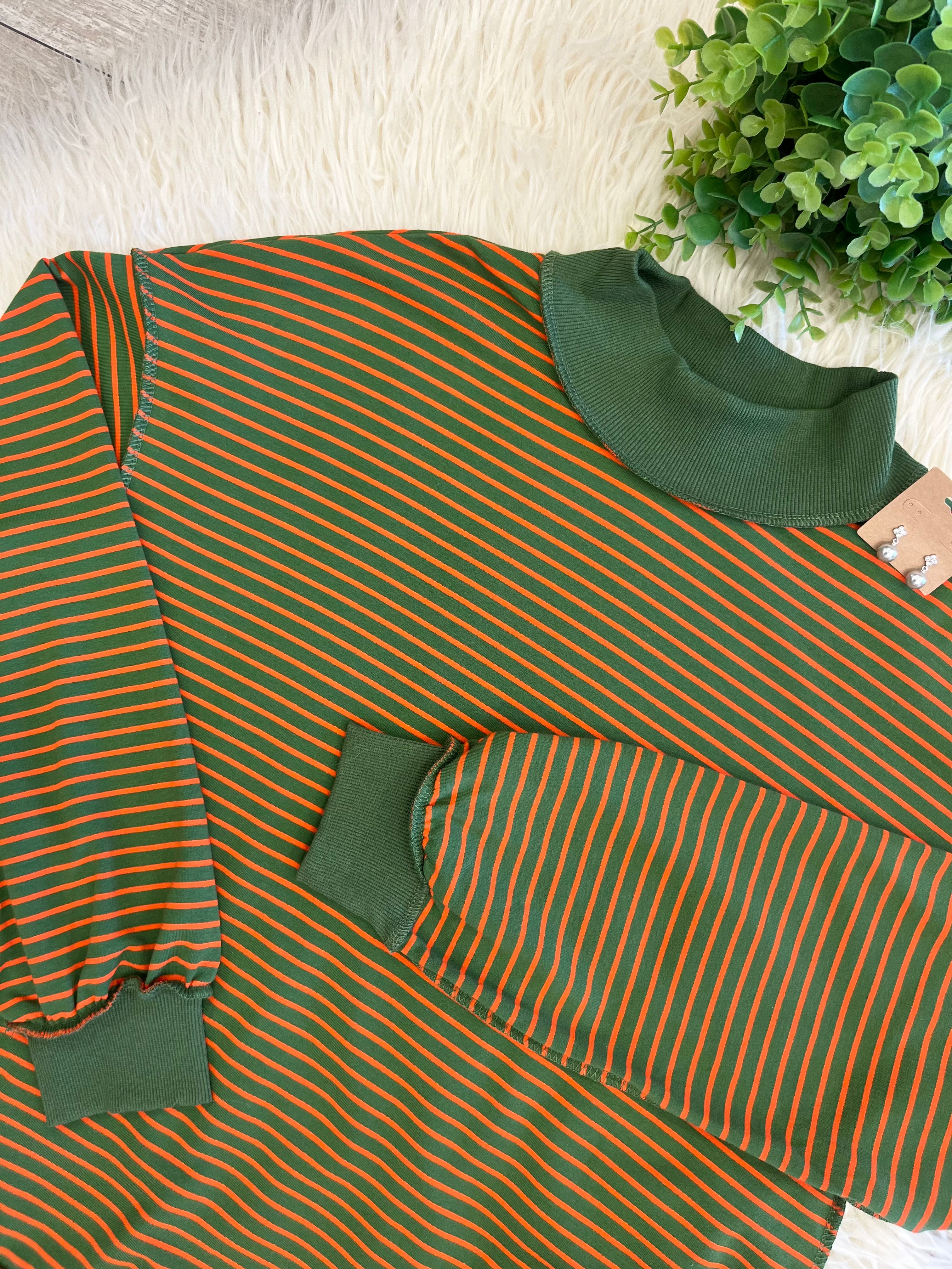 Women’s Evermmee Green & Orange Striped Mock Neck Cotton Top - True to Size with Oversized Look