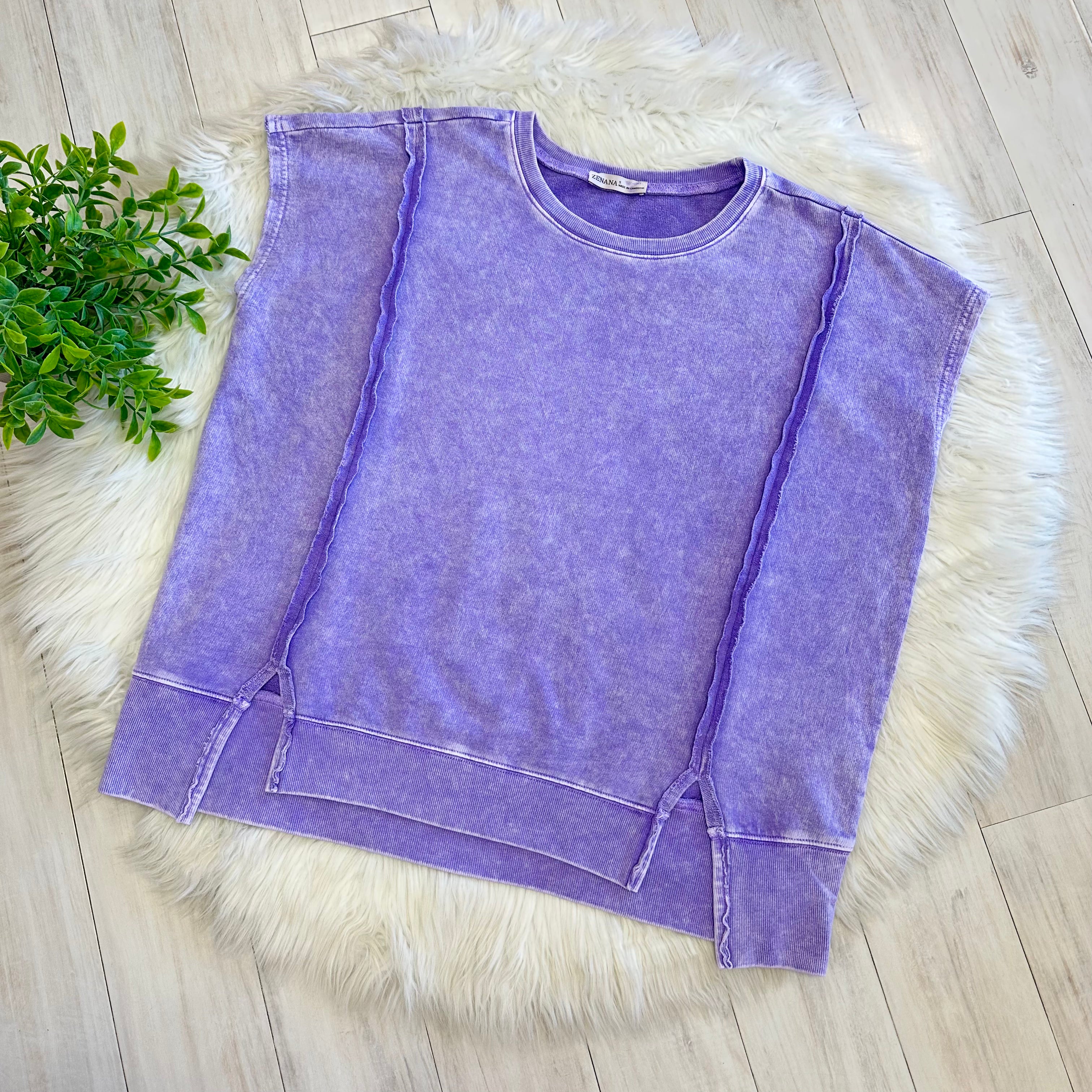 Women’s Violet Zenana Sleeveless Acid Wash Top with Slits