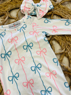Girl’s Blue and Pink Bow Baby Gown with Matching Headband Bow