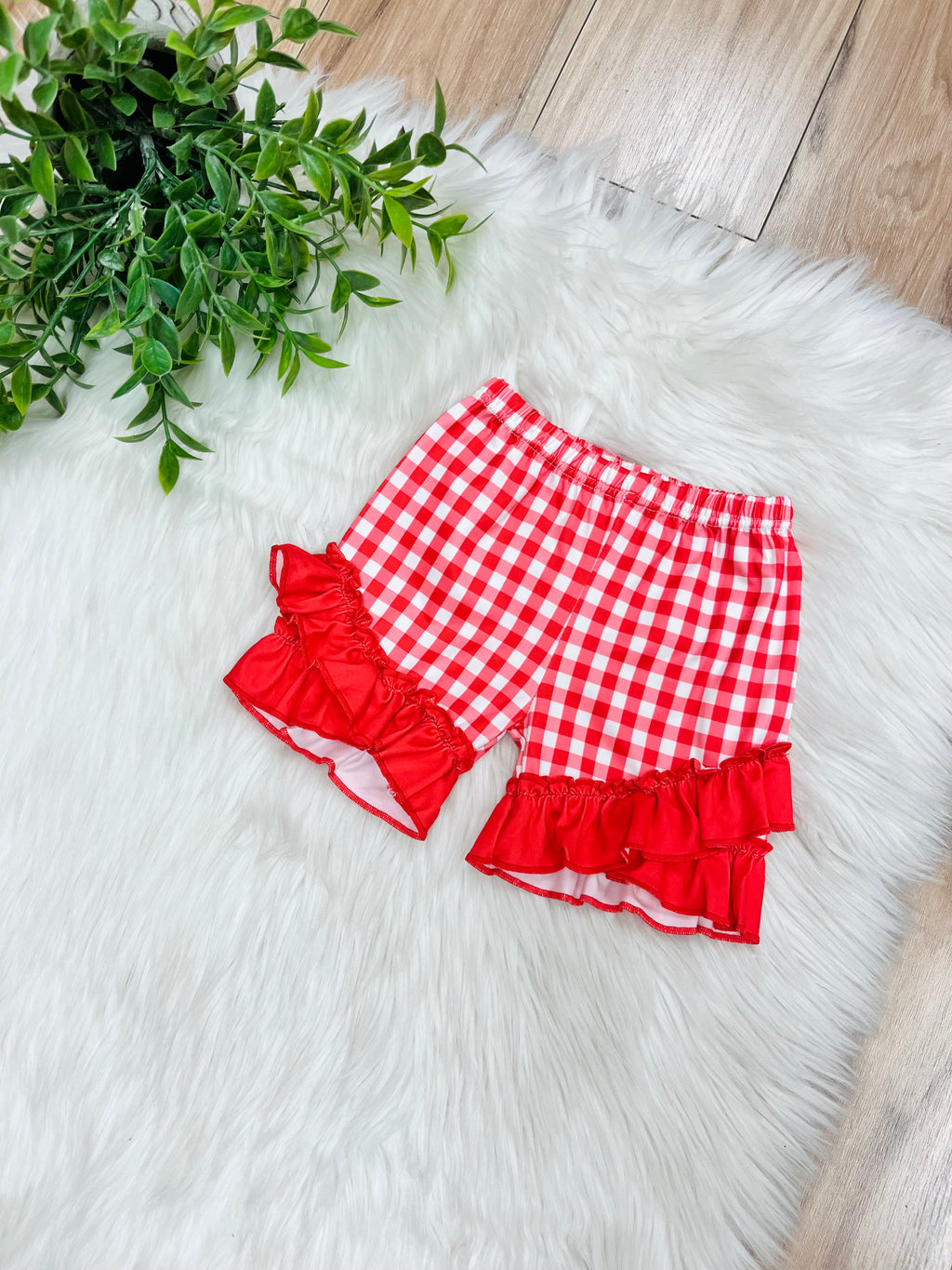 Girl’s Red Gingham Print Shorts with Ruffles