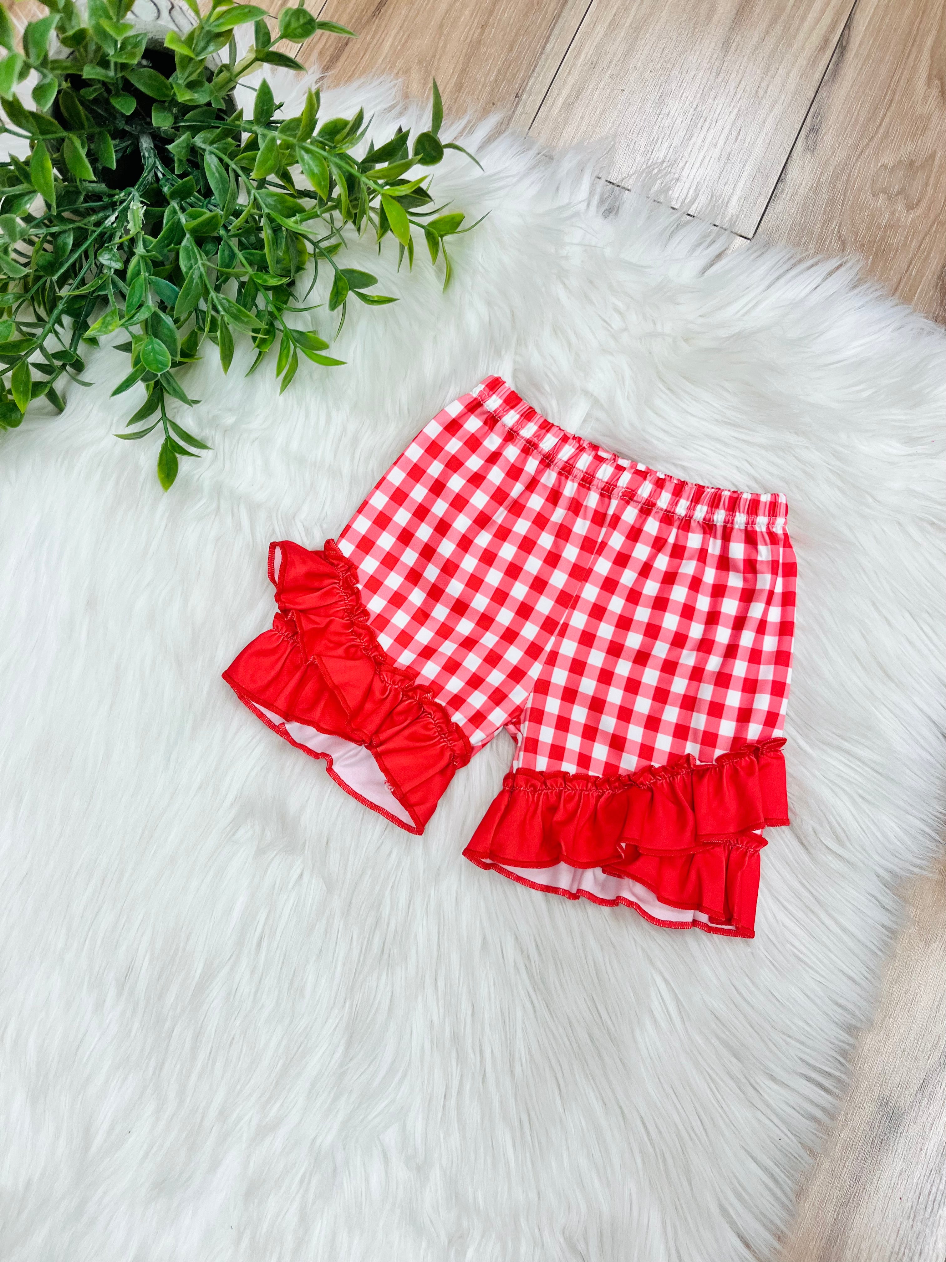 Girl’s Red Gingham Print Shorts with Ruffles