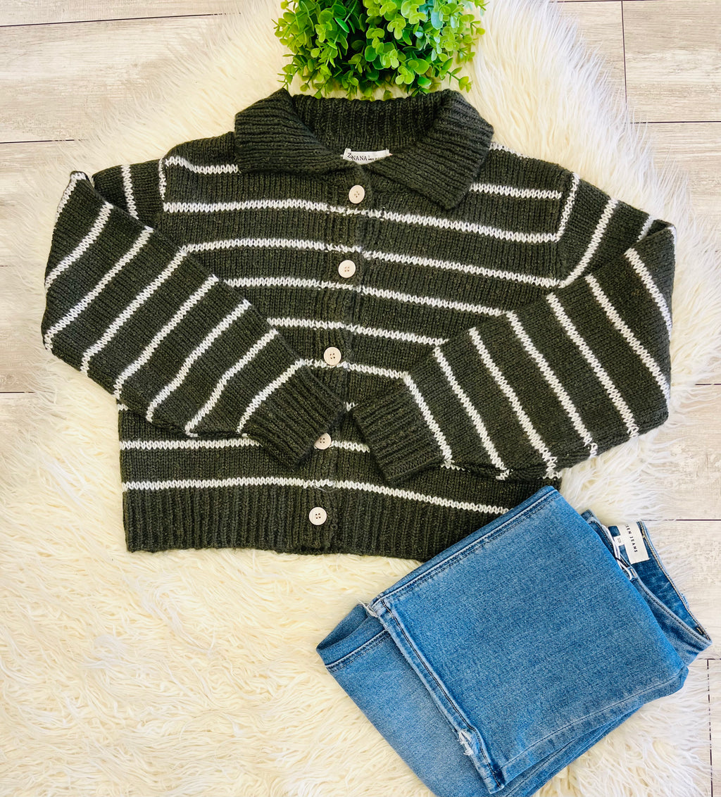 Women’s Zenana Striped Olive Button Sweater Top - True to size
