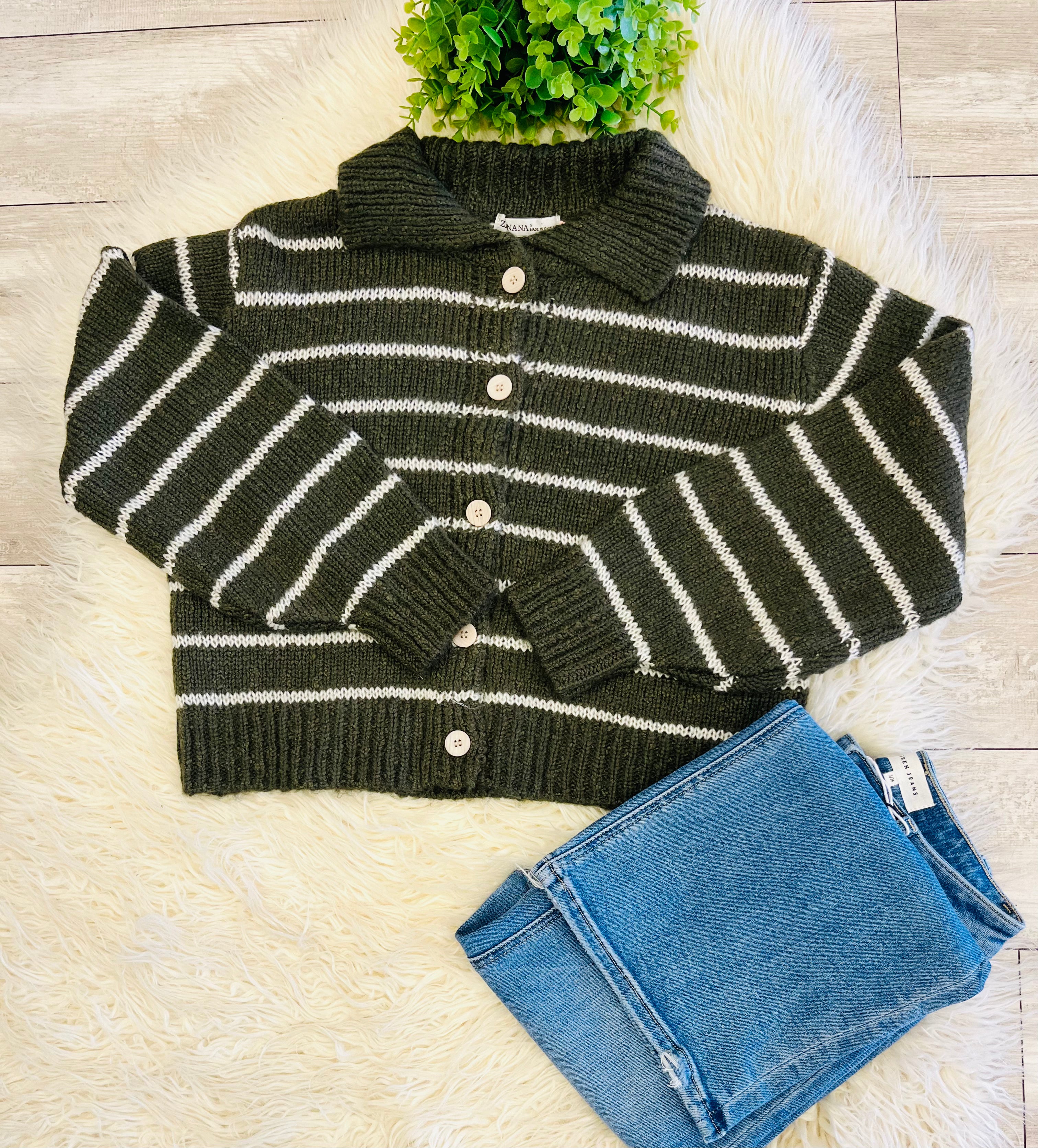 Women’s Zenana Striped Olive Button Sweater Top - True to size