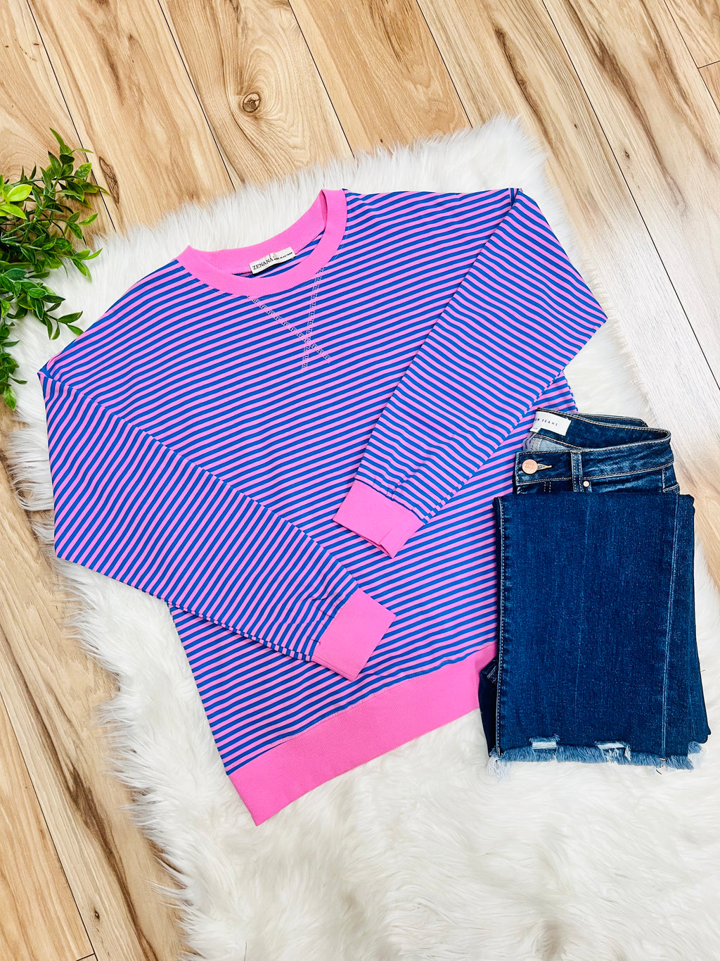 Women’s Zenana Royal Blue and Pink Stripe Long Sleeve Top