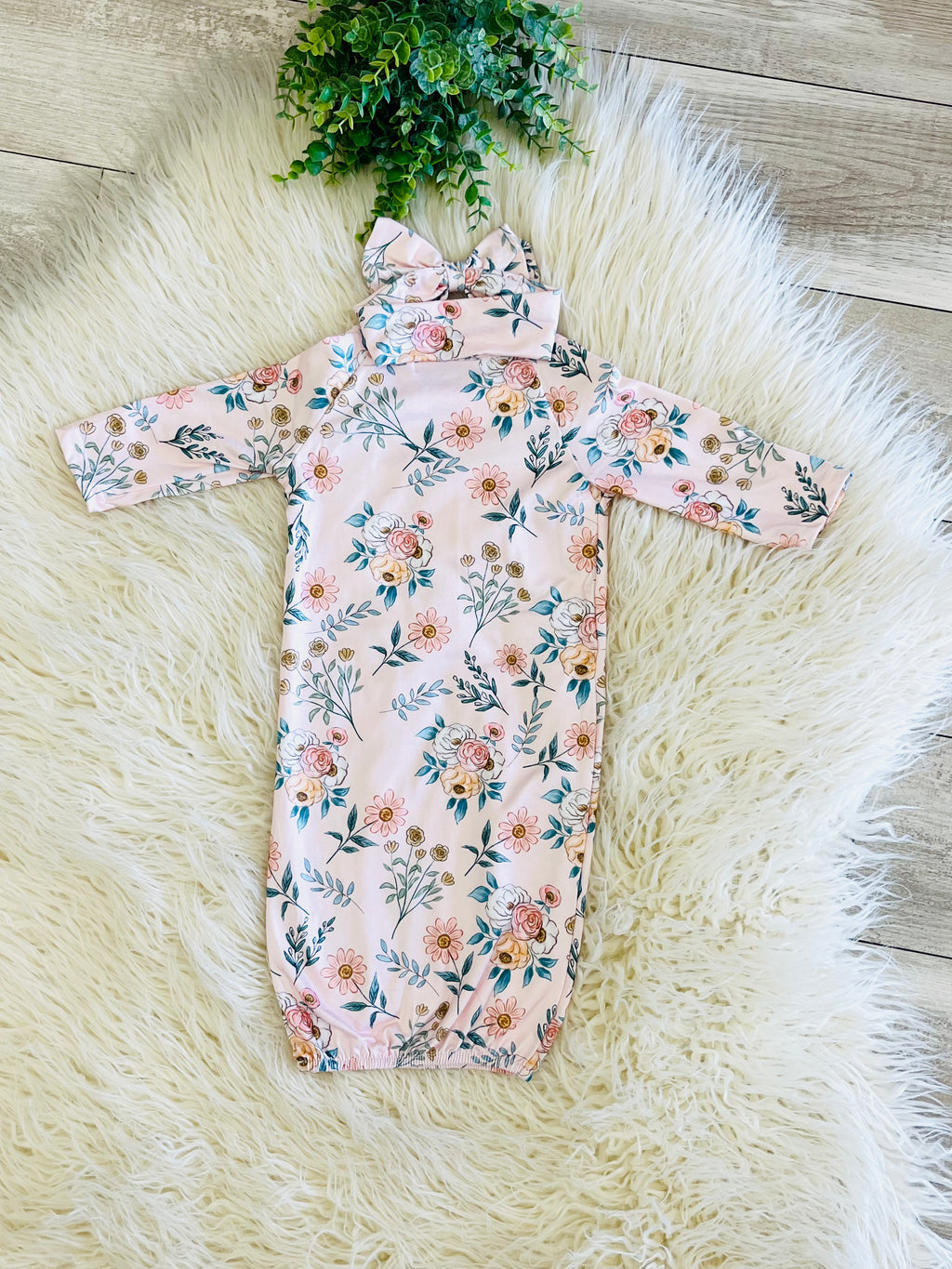 Girl’s Pink Mixed Floral Baby Gown wit Matching Headband