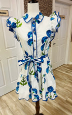 Women’s Blue Flower Ruffle Sleeve Dress