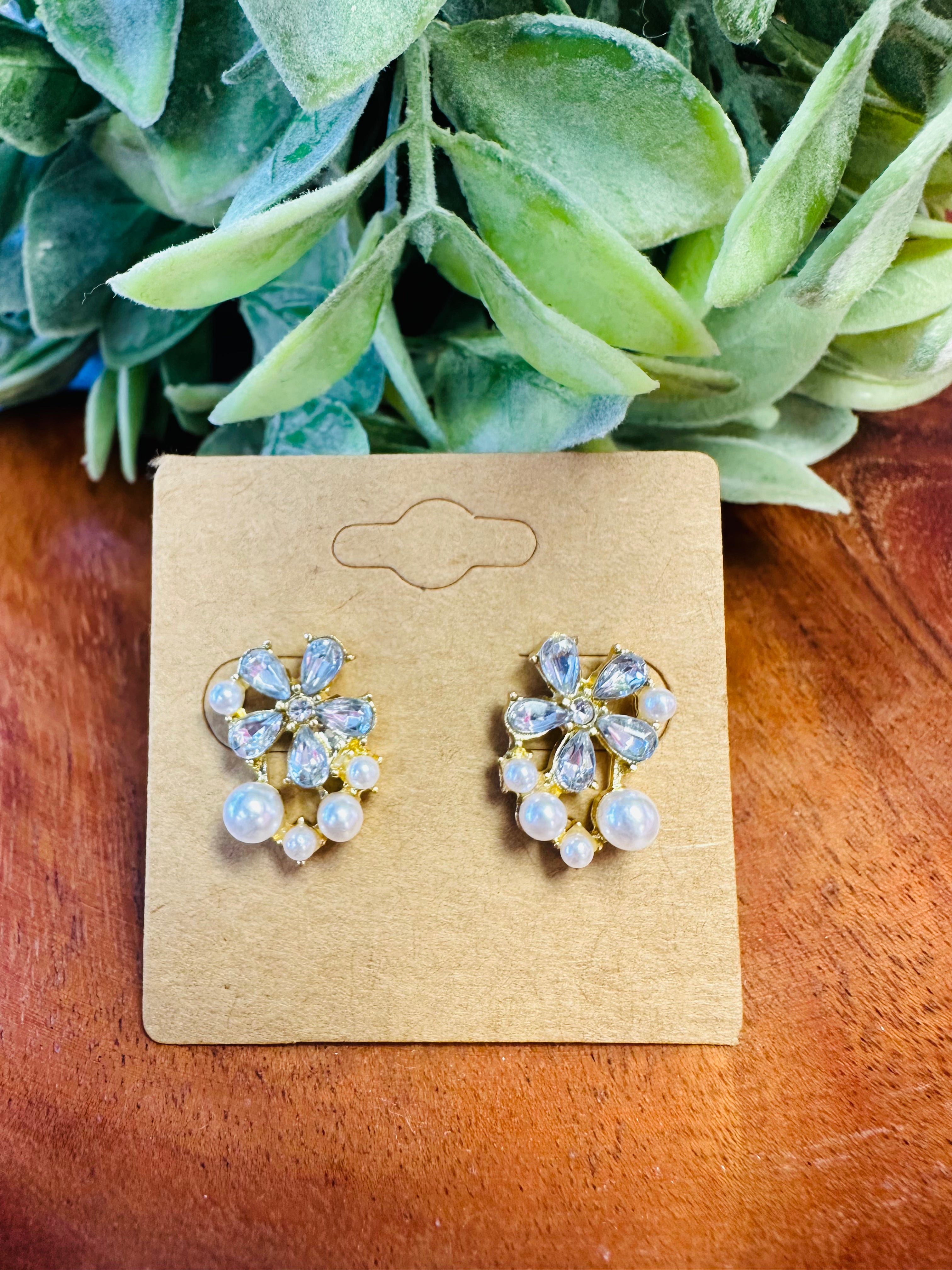 Gold Diamond Floral Earrings with Pearl Detail