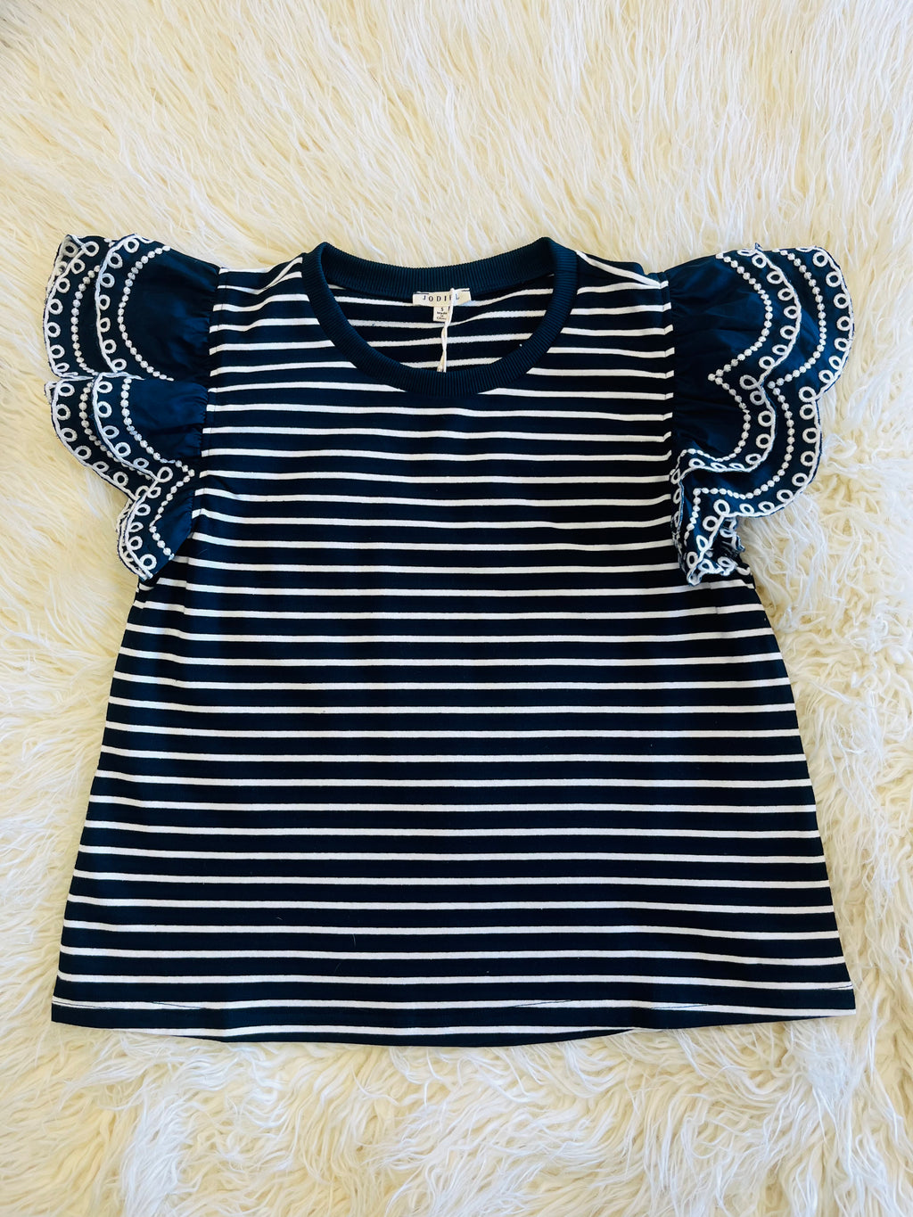 Women’s Navy and White Ruffle Sleeve Top