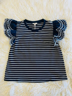 Women’s Navy and White Ruffle Sleeve Top