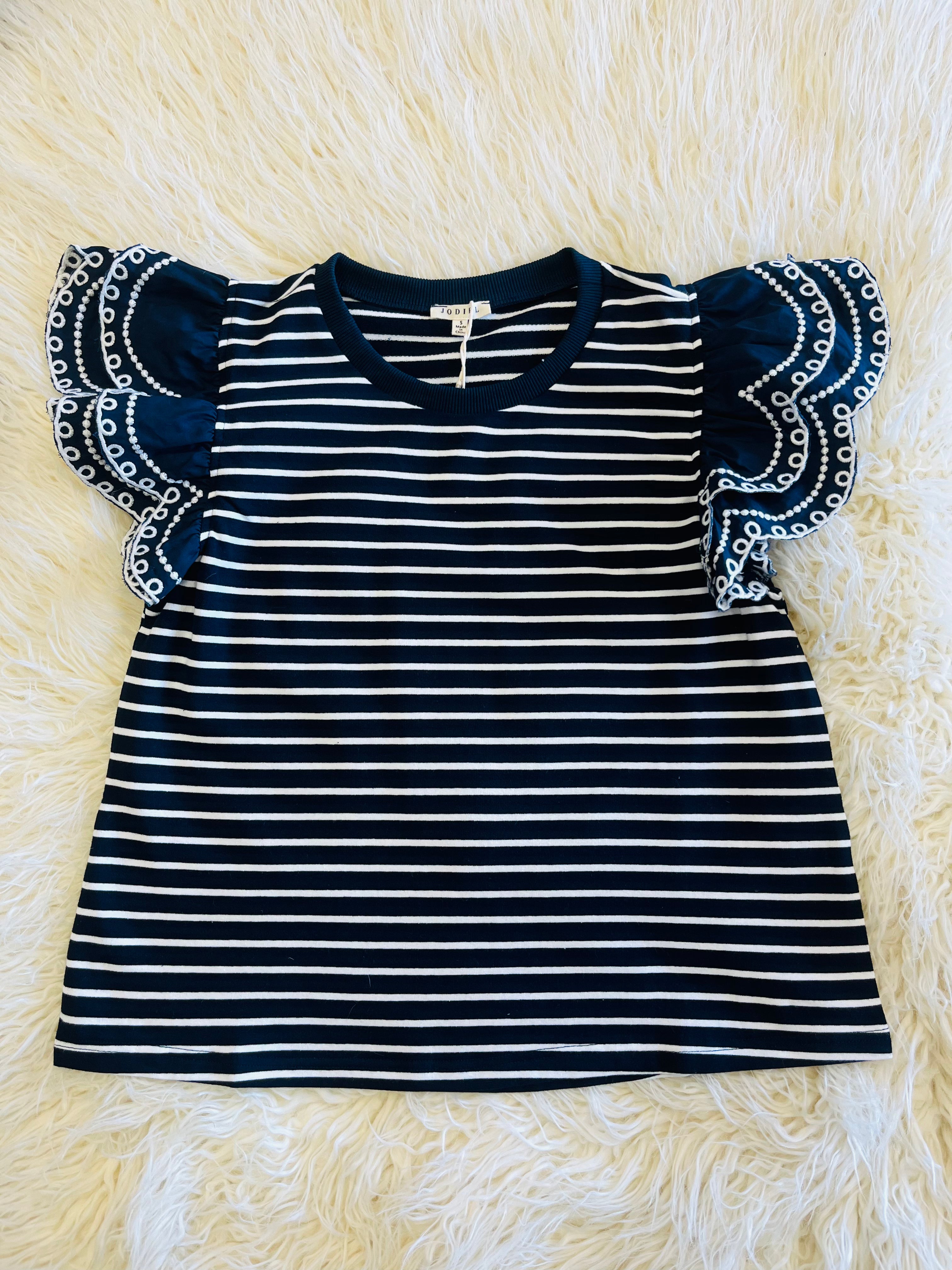 Women’s Navy and White Ruffle Sleeve Top