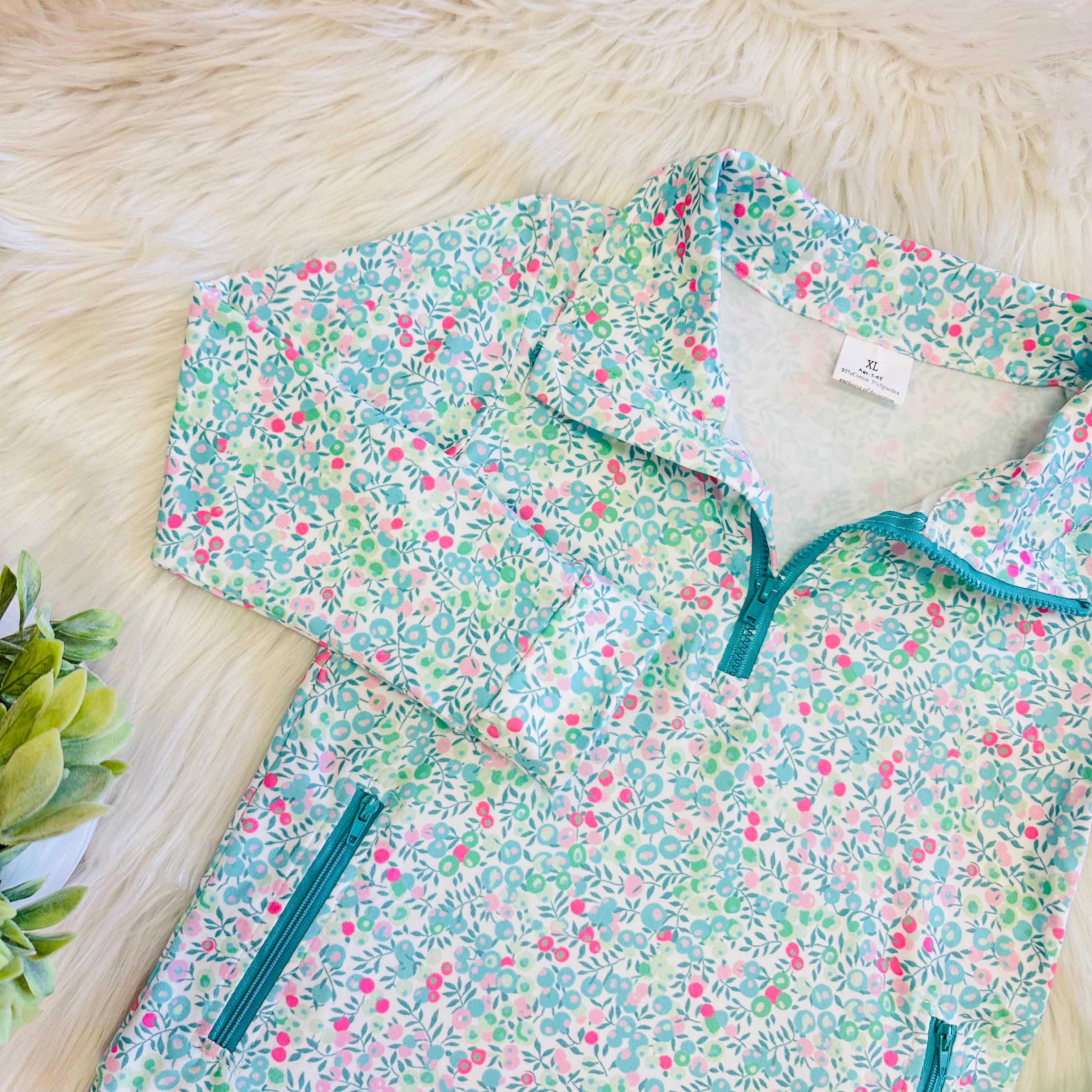 Girl’s Teal and Pink Floral Half Zip Set