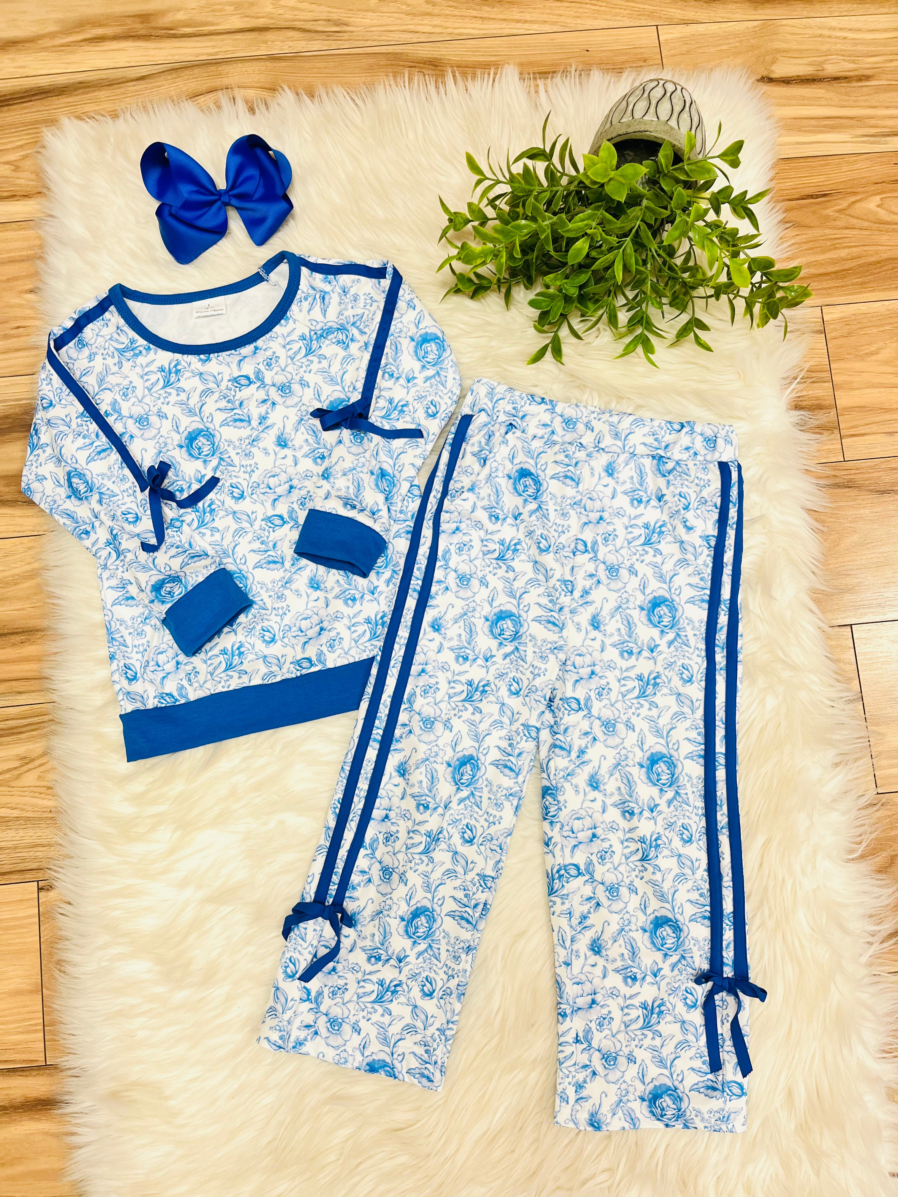 Girl’s Blue Floral Outfit with Bow Ties