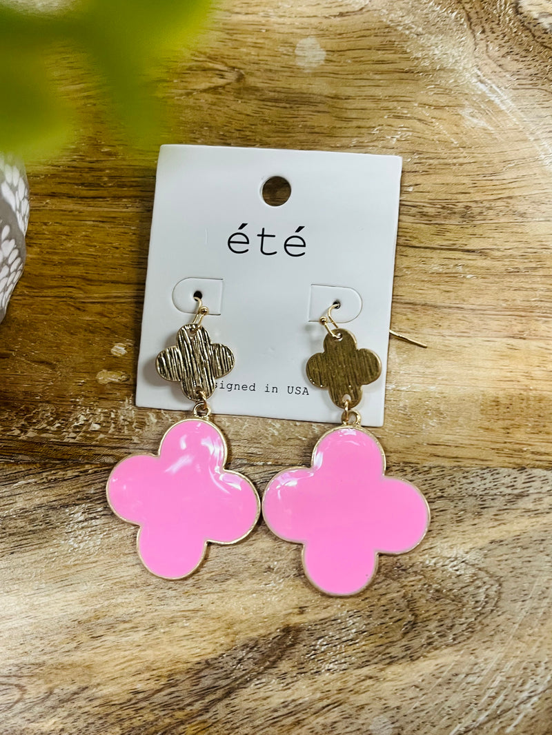 Pink Clover Gold Dangle Earrings