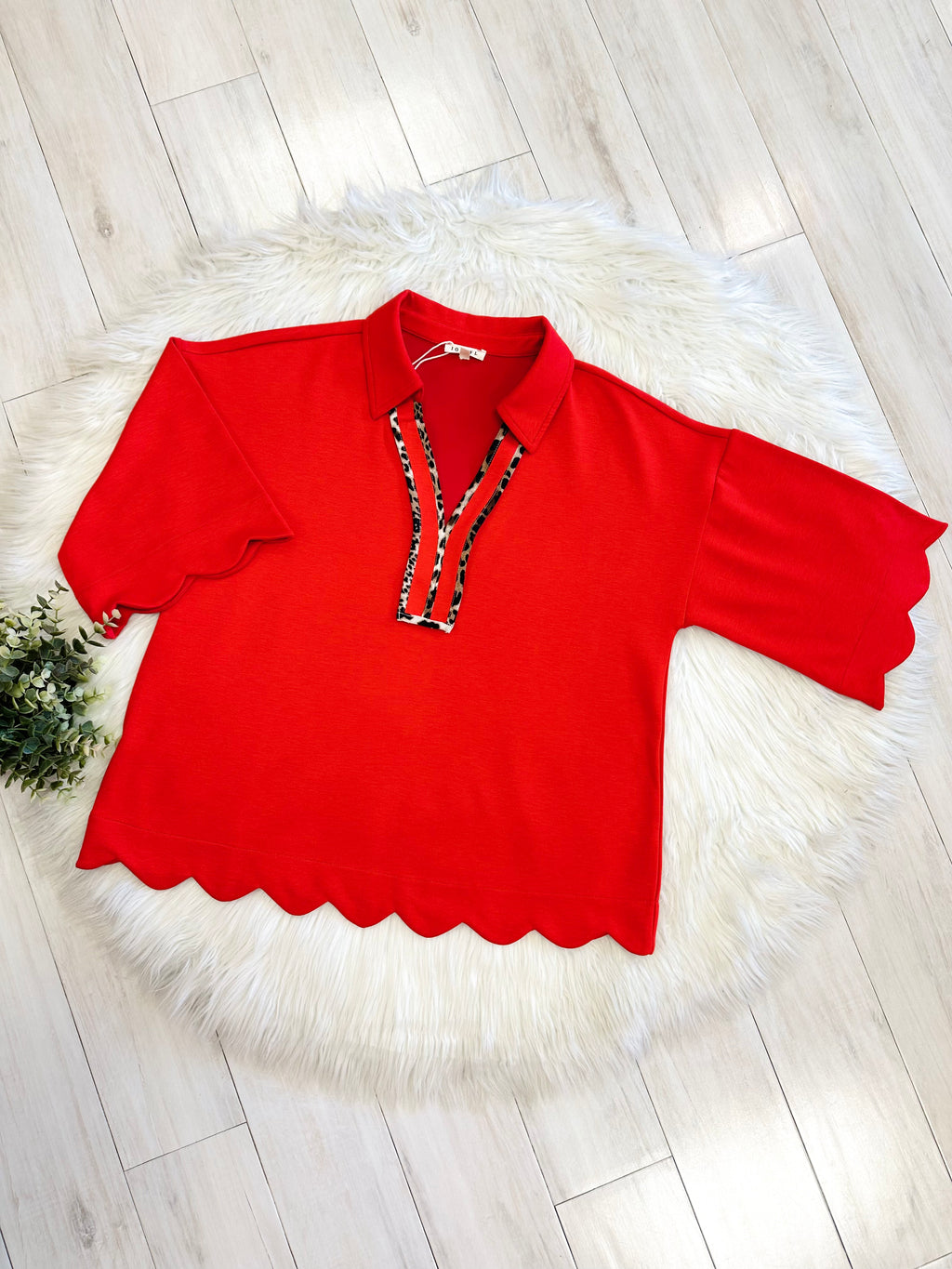 Women’s Red Scalloped Trim Top with Leopard Print Detail by Jodifl- Loose Fit