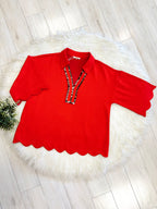 Women’s Red Scalloped Trim Top with Leopard Print Detail by Jodifl- Loose Fit
