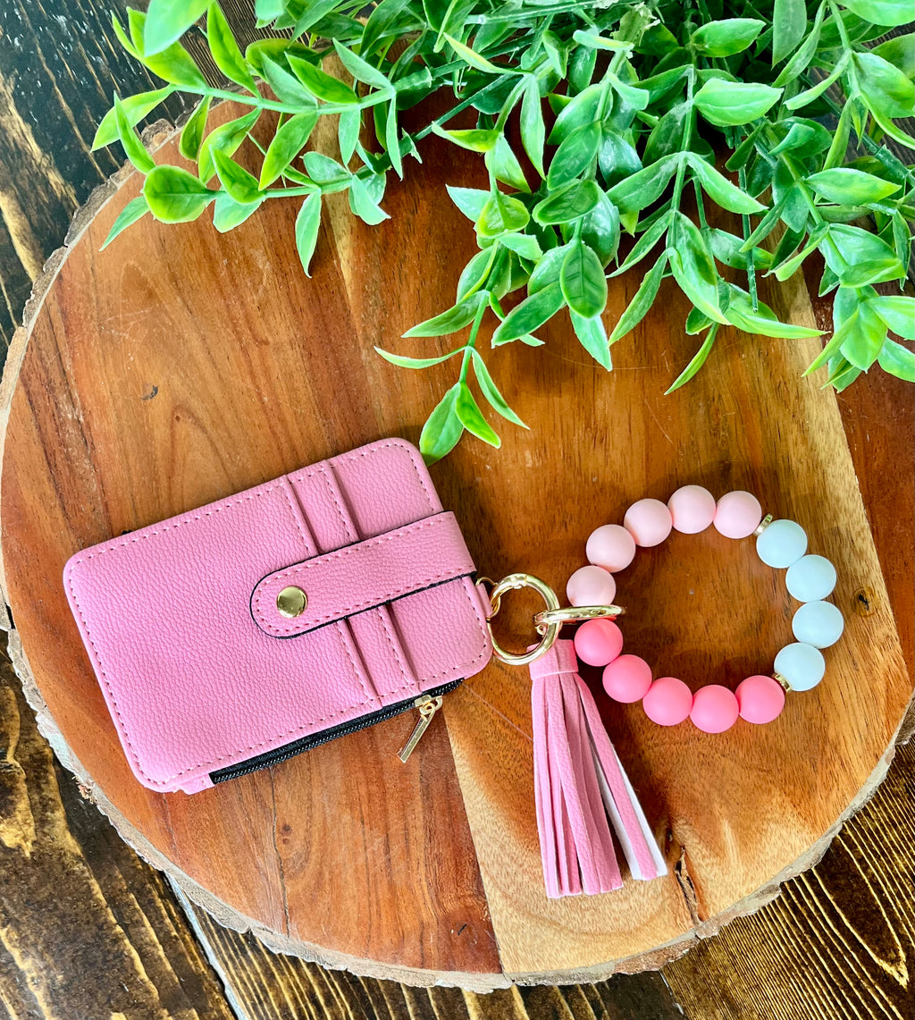 Wristlet ID Badge Zipper Pouch Keychain Pink