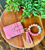 Wristlet ID Badge Zipper Pouch Keychain Pink