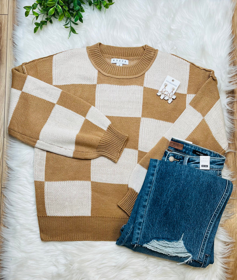 Womens Beige Checkered Sweater