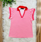 Women’s Evermmee Pink Stripe Flutter Sleeve Top