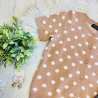 Women’s Evermmee Tan Button Down Sweater Top with White Polka Dots