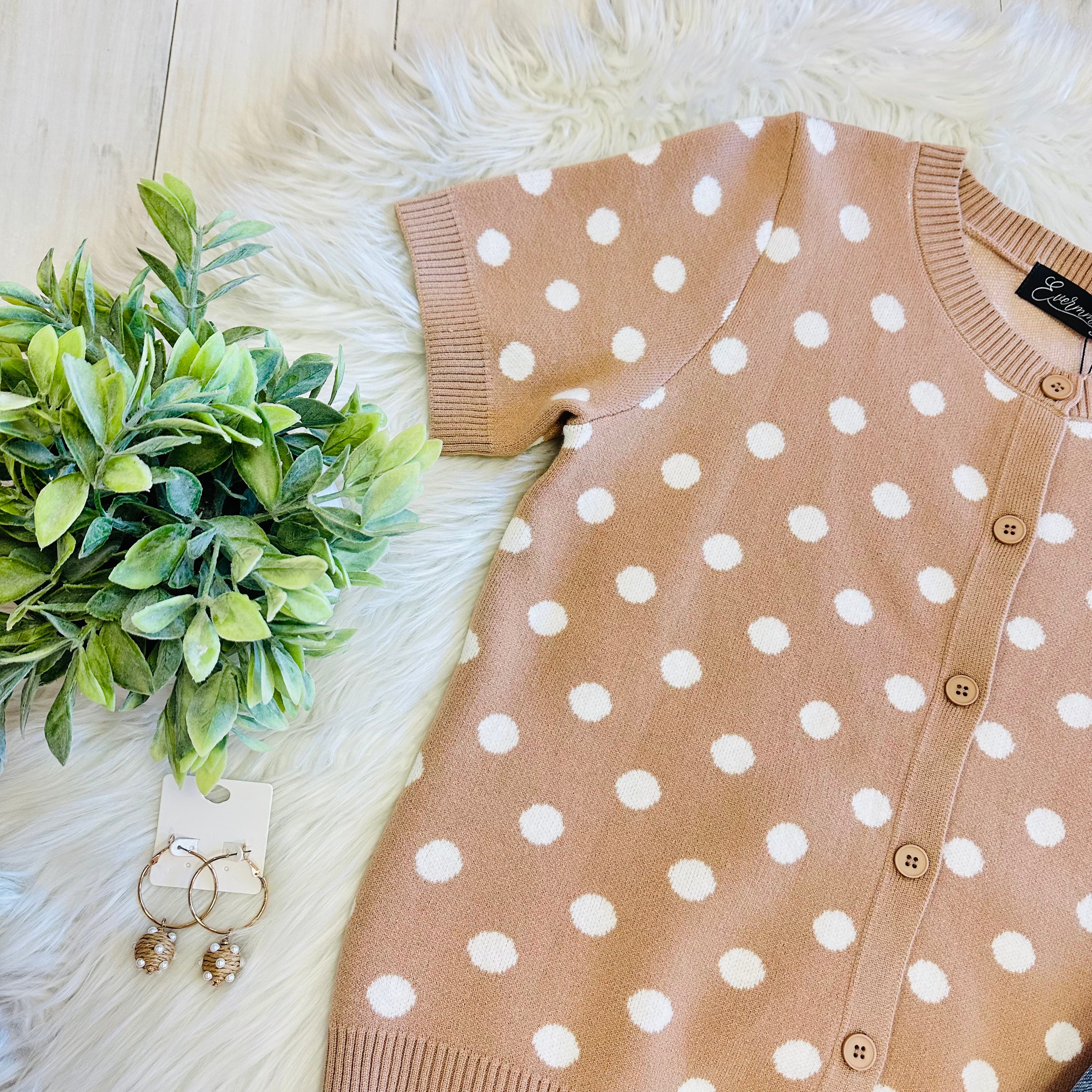 Women’s Evermmee Tan Button Down Sweater Top with White Polka Dots