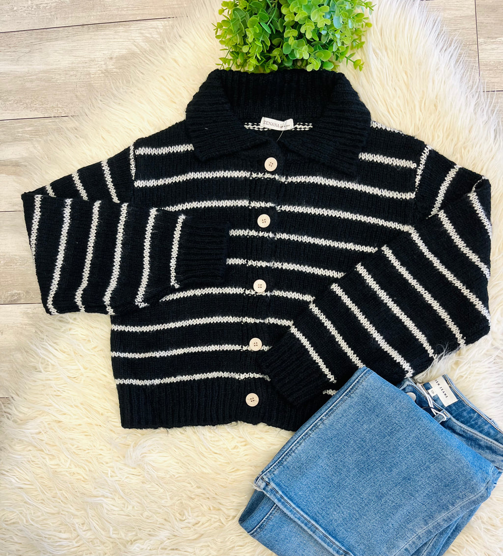 Women’s Zenana Striped Black Button Sweater Top - true to size