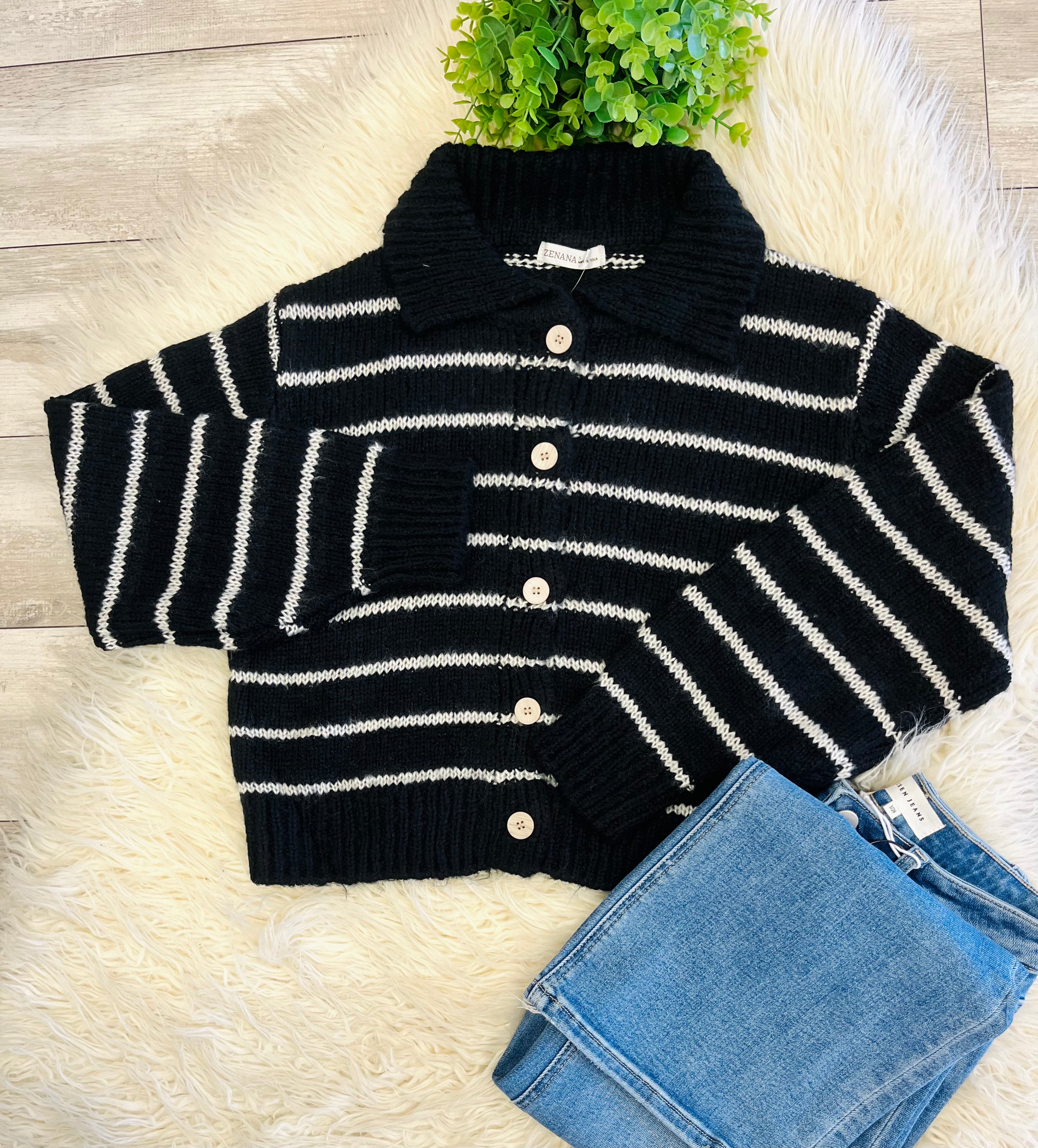 Women’s Zenana Striped Black Button Sweater Top - true to size