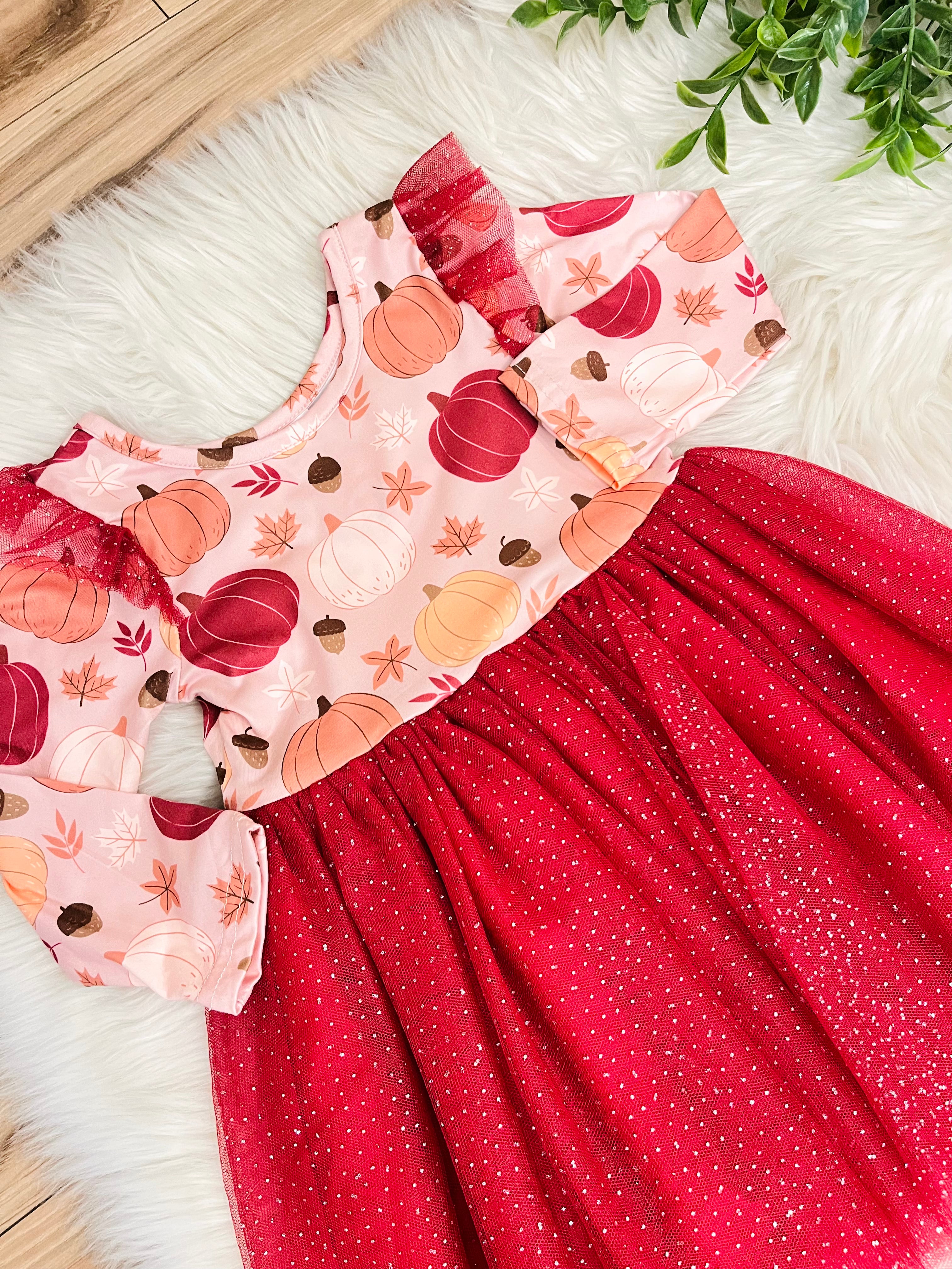 Girls Pumpkin Dress with Burgundy Lace Detail