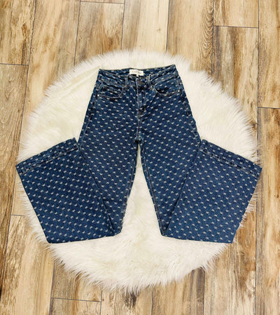 Risen High Rise Wide Leg Bow Embroidered Jeans Style 1362