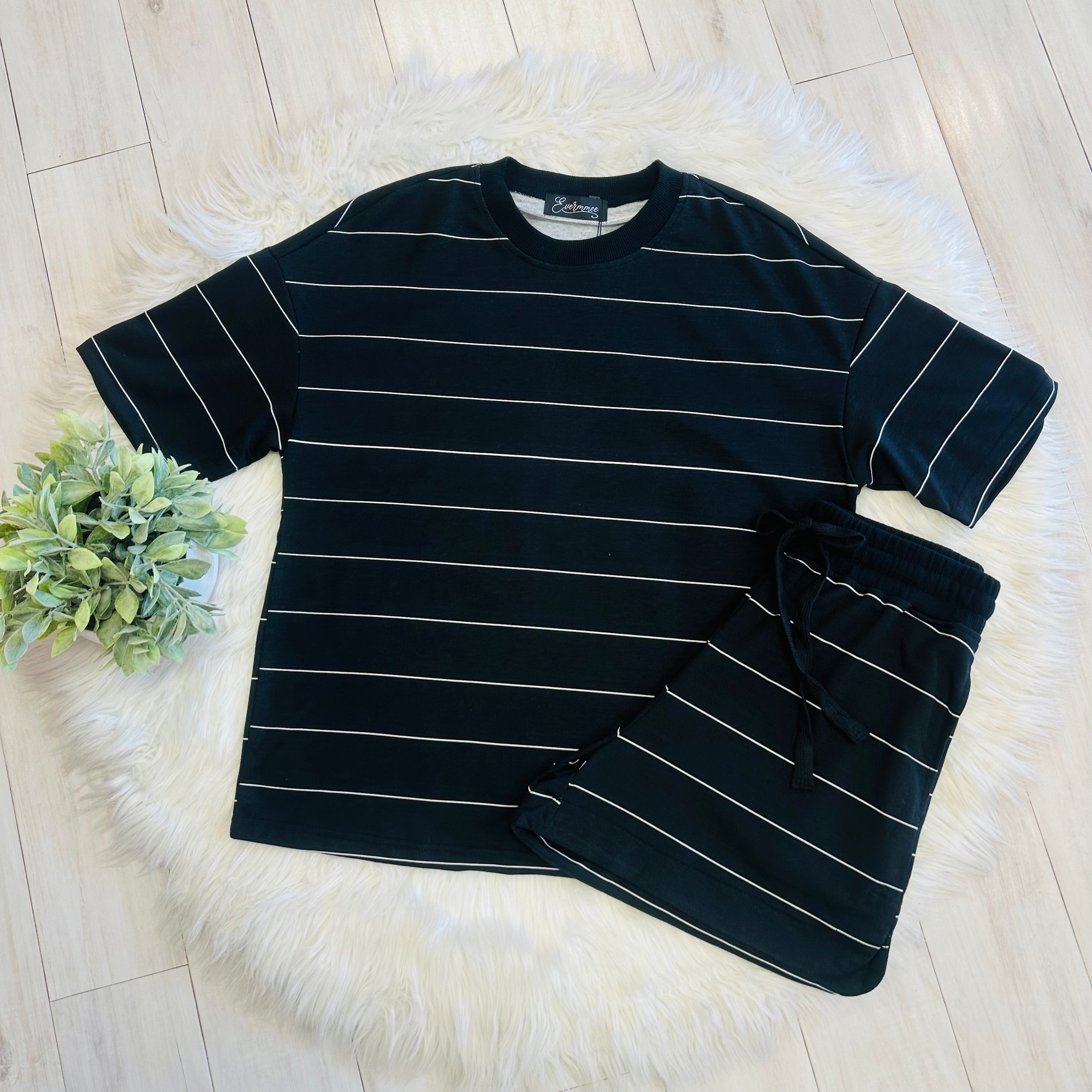 Women’s Evermmee Black Short Set with White Stripes