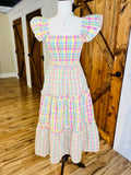 Women’s Pastel Multi Color Gingham Flutter Sleeve Dress