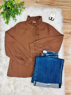 Women’s Jodifl Cocoa Textured Long Sleeve Button Down Top- True to Size