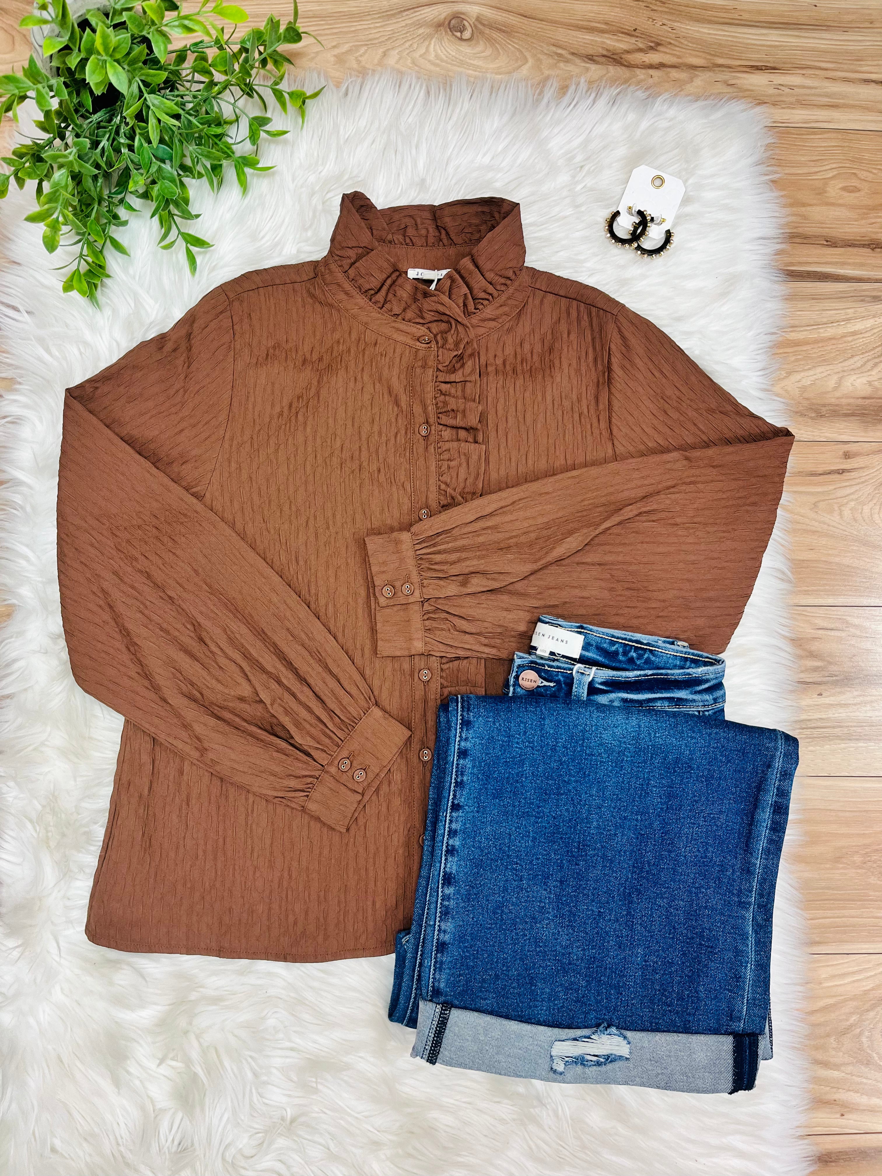 Women’s Jodifl Cocoa Textured Long Sleeve Button Down Top- True to Size