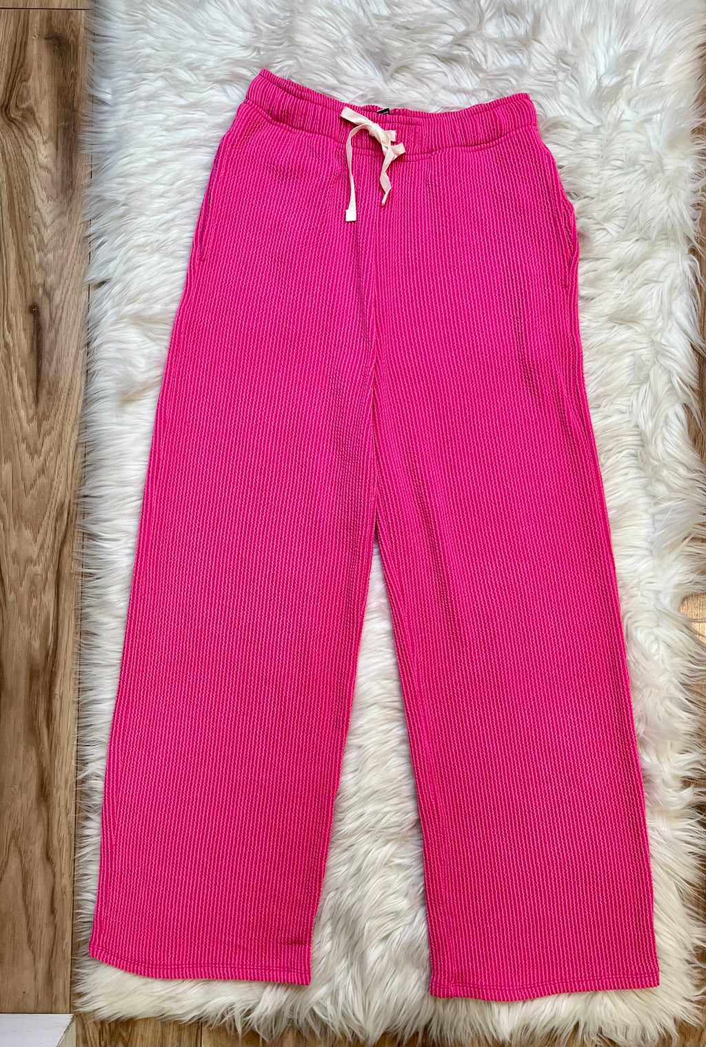 Women’s Ribbed Short Sleeve Drawstring Pants Set Hot Pink
