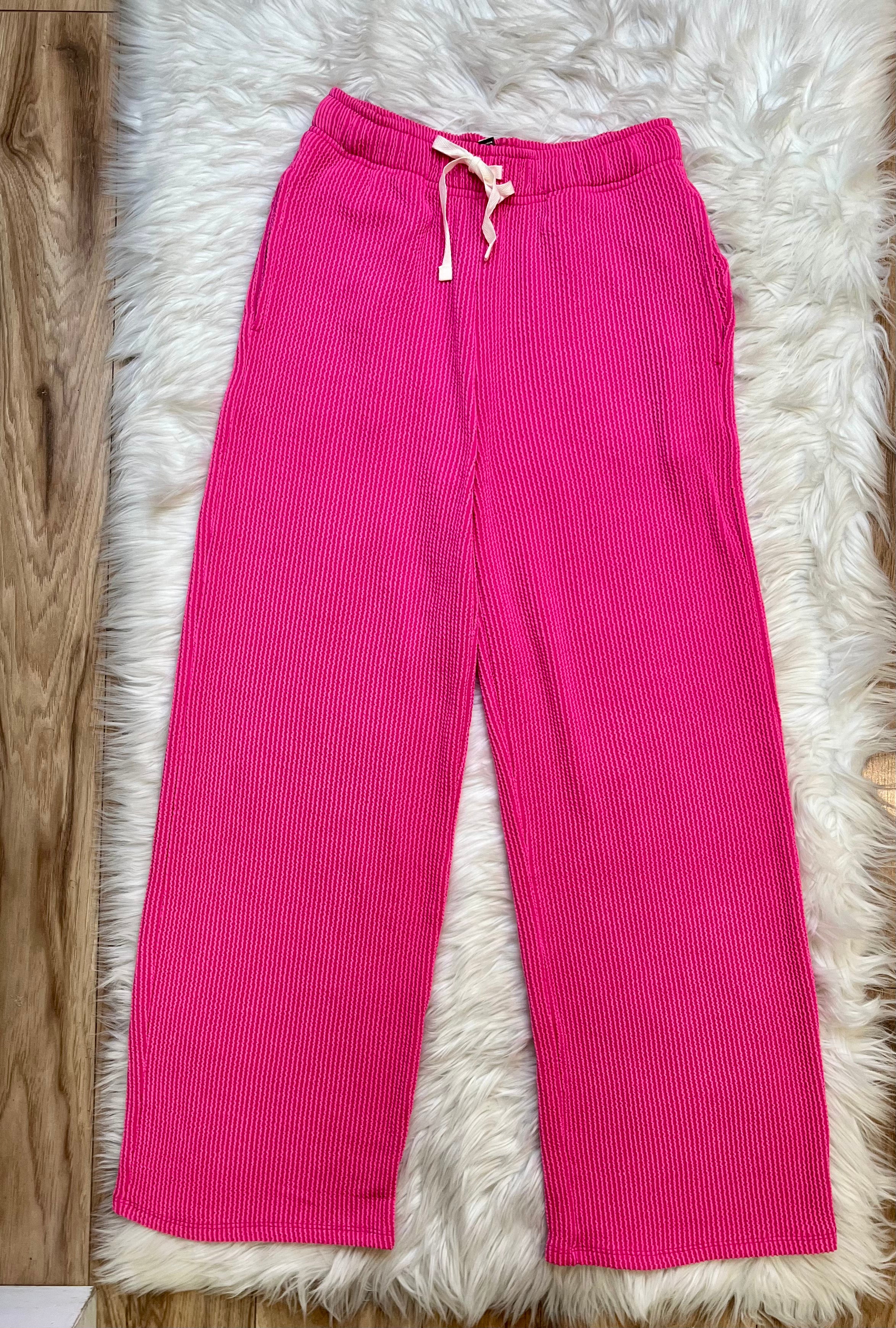 Women’s Ribbed Short Sleeve Drawstring Pants Set Hot Pink